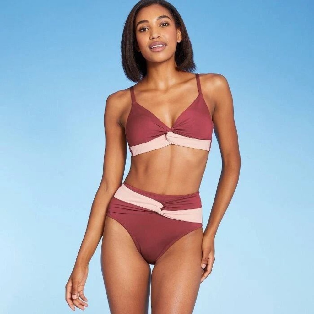 Kona Sol Burgundy Pink Colorblock Twist Front High Waist Bikini Set Womens Large